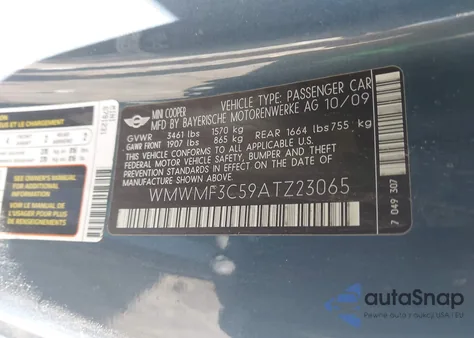 2010 Mini Cooper from USA, damaged, VIN WMWMF3C59ATZ23065